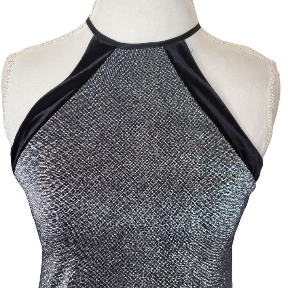 Vintage 90s Silver Metallic Long Halter Dress‎ Velvet Trim Open Back M 8 10 Hoco - Picture 3 of 10